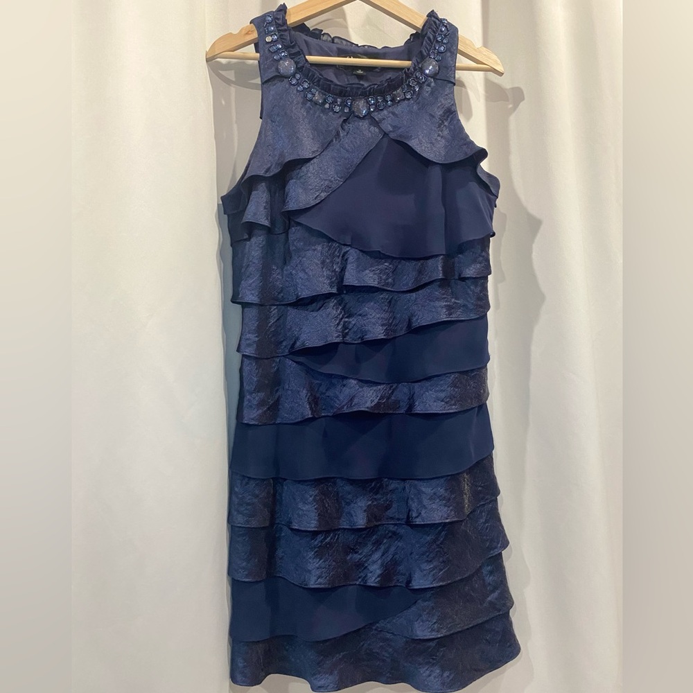 S.L. Fashions - Navy Layered Ruffle Sleeveless Dress
